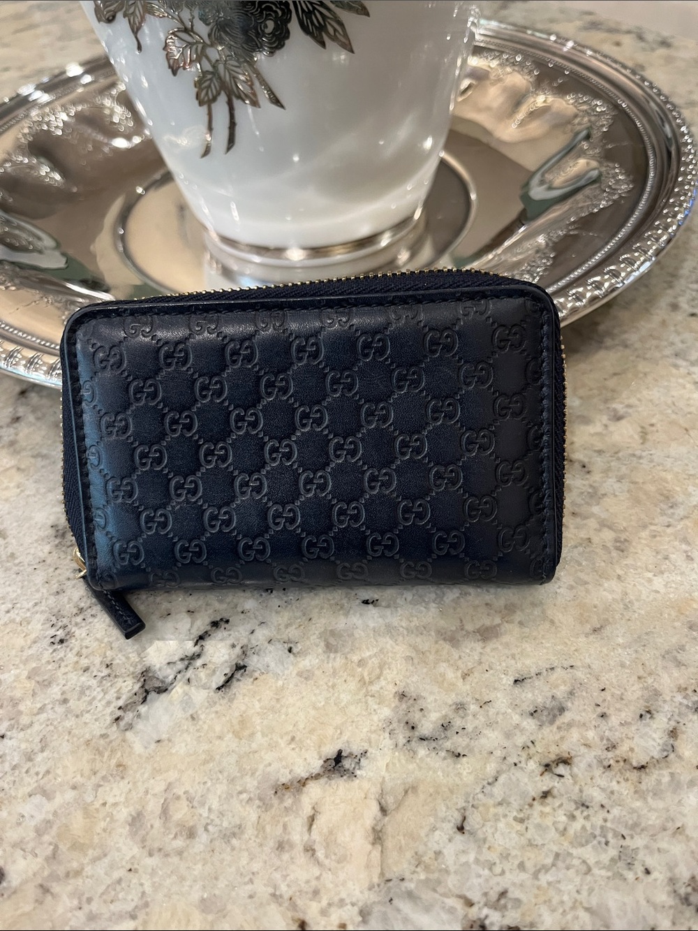 Gucci Dark Navy Blue Embossed GG Zip Wallet with Gold Zipper